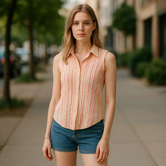 Unique Spectrum VTG Butter yellow & pink striped sleeveless shirt Size Medium - Picture 1 of 6